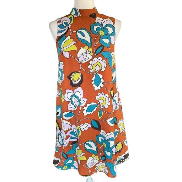 ModCloth S In With Excitement Brown Floral Mock Neck Dress Retro 70s Sleeveless - Picture 1 of 11